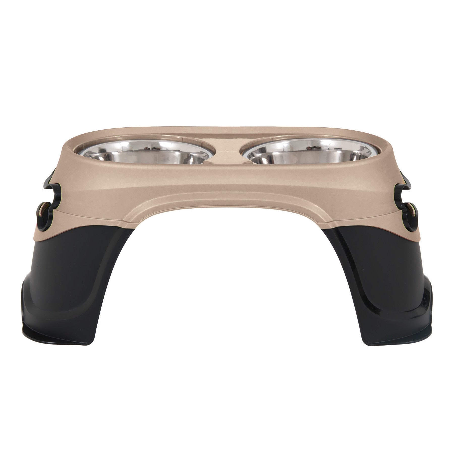 The Petmate Easy Reach Diner by Petmate features an elevated beige and black plastic stand with two stainless steel bowls, promoting better digestion and comfortable feeding for dogs or cats, especially large breeds.