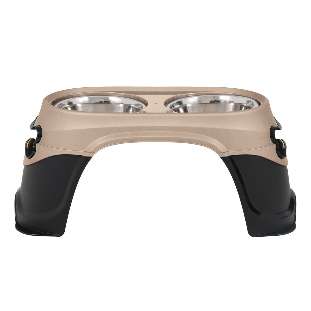 The Petmate Easy Reach Diner by Petmate features an elevated beige and black plastic stand with two stainless steel bowls, promoting better digestion and comfortable feeding for dogs or cats, especially large breeds.