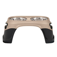 The Petmate Easy Reach Diner by Petmate features an elevated beige and black plastic stand with two stainless steel bowls, promoting better digestion and comfortable feeding for dogs or cats, especially large breeds.