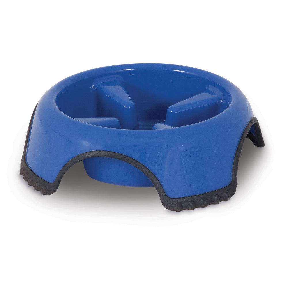 The Aspen Pet Skid Stop Slow Feeder Dog Bowl, in blue plastic, has raised barriers to slow your dogs eating and features black rubber grips on the bottom edges to prevent sliding.