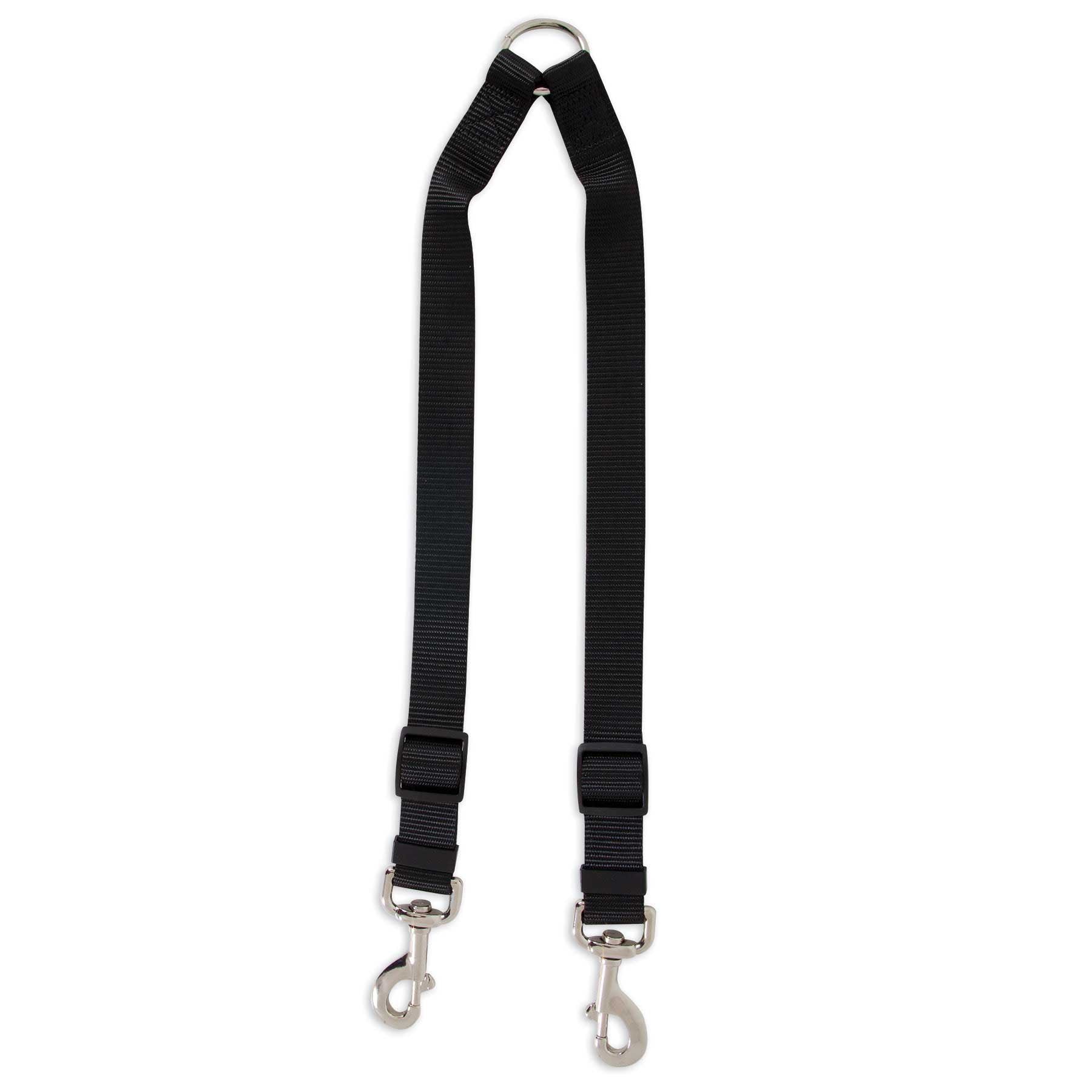 The Aspen Pets Petmate Take Two Nylon Coupler Dog Leash is a black nylon leash with two metal swivel clips and a sturdy center ring, ideal for easily walking two dogs at once.