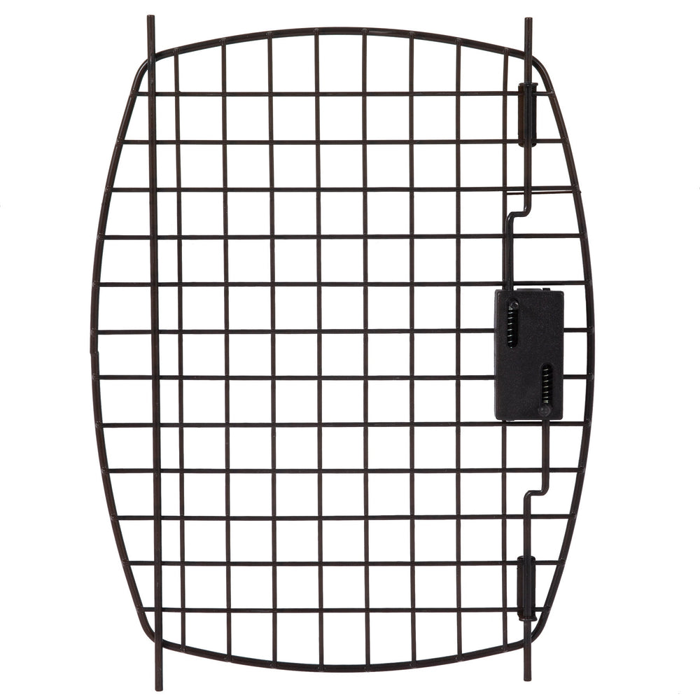 The Black 23 Kennel Replacement Door by Petmate is a sleek black metal grid with a curved rectangular shape and intersecting lines, featuring a latch mechanism on the right side as a replacement for your Petmate Kennel Cab or Aspen Pet Fashion Pet Porter.