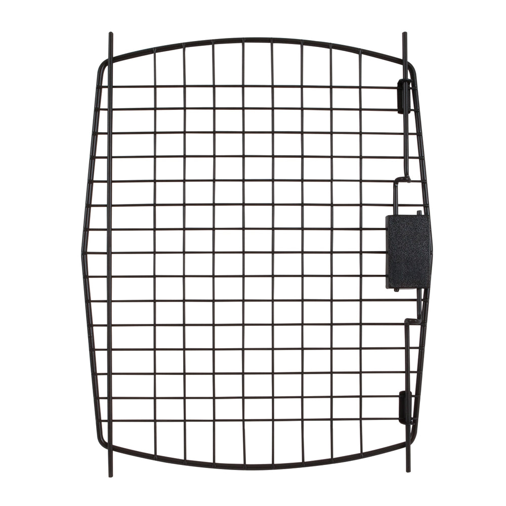 The Petmate Bargain Hound & Aspen Pet New Tradition Kennel Replacement Door, in a rectangular black metal grid design, has a right-side latch. Its horizontal and vertical bars create a mesh pattern, beautifully photographed on a white background.