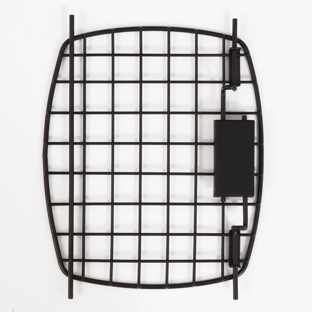A black metal grid with a rectangular side handle on a white background looks like a Black Replacement Door For 26 Plastic Kennels by Petmate.