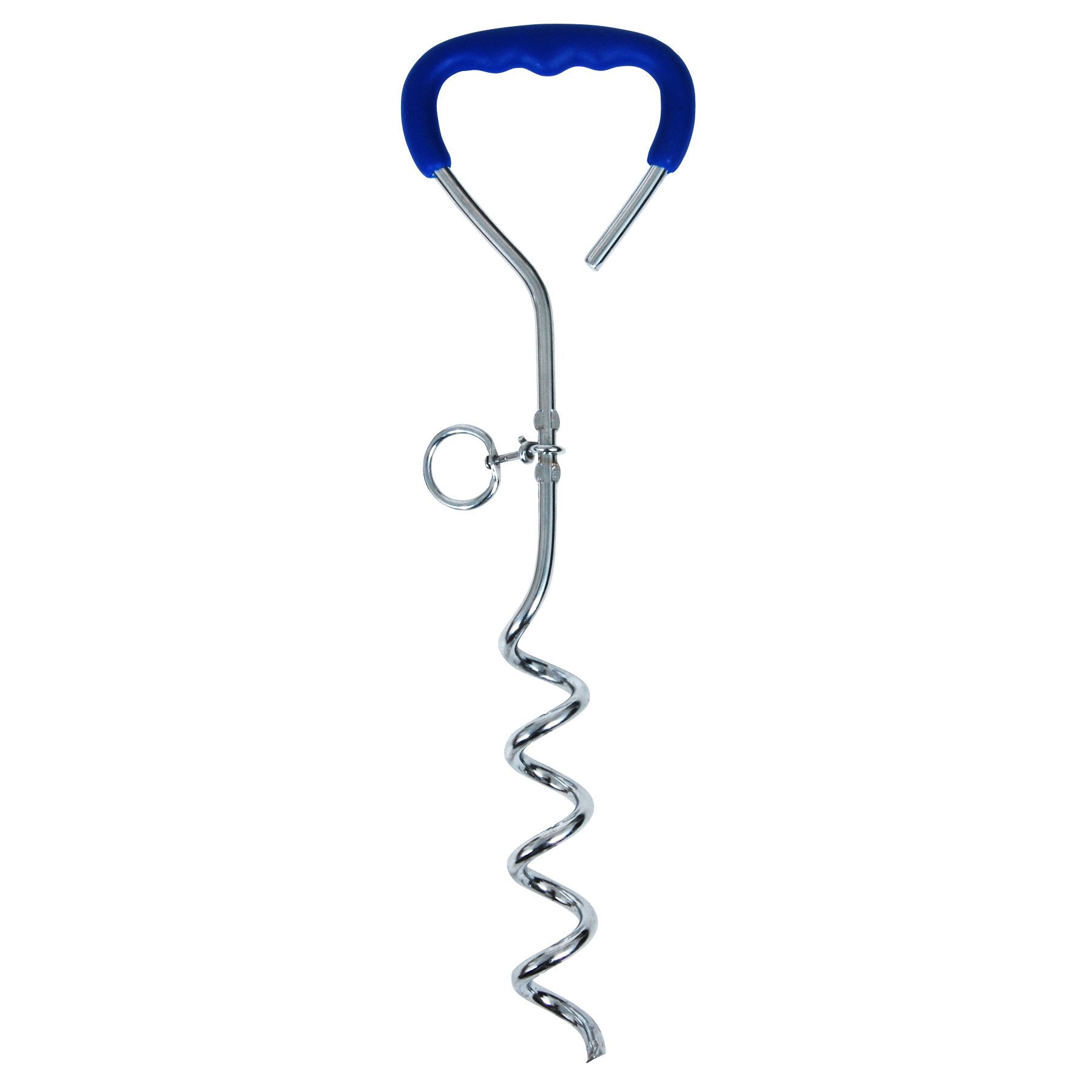 The Aspen Pet Blue Easyturn 18-inch Dog Tie-Out Containment System includes a metal spiral ground anchor with a T-shaped handle and circular ring for stability, making it ideal for secure anchoring in various terrains.