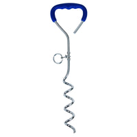 The Aspen Pet Blue Easyturn 18-inch Dog Tie-Out Containment System includes a metal spiral ground anchor with a T-shaped handle and circular ring for stability, making it ideal for secure anchoring in various terrains.