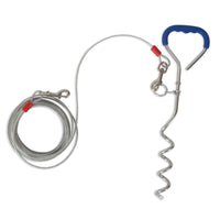 The Aspen Pet Blue Easyturn 18-inch Dog Tie-Out Containment System features a metal spiral ground anchor with a blue handle and a long coiled cable, complete with clips at each end to secure pets outdoors.