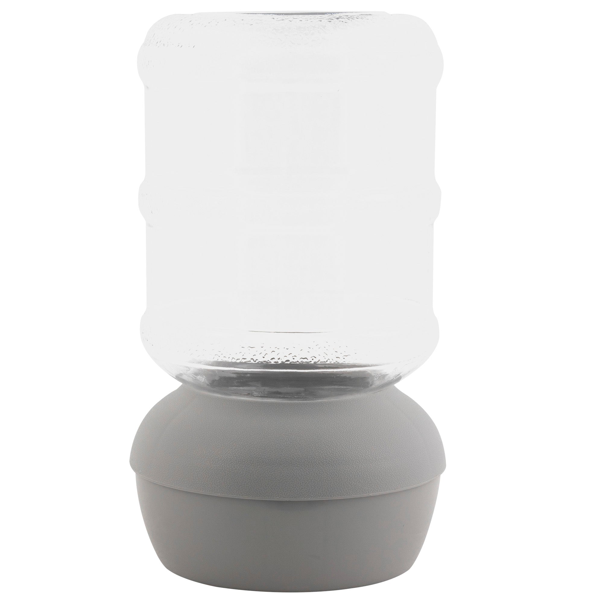 An Aspen Pet Lebistro Waterer, featuring a clear, BPA-free plastic bottle inverted on a gray base, has a spill-resistant lip to minimize mess against a plain white background.