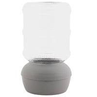 An Aspen Pet Lebistro Waterer, featuring a clear, BPA-free plastic bottle inverted on a gray base, has a spill-resistant lip to minimize mess against a plain white background.