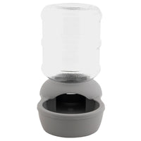 The Aspen Pet Lebistro Waterer by Aspen Pet is a gray, gravity-fed pet water dispenser made from BPA-free plastic. It features a transparent container and spill-resistant lip to ensure a steady flow of water and maintain consistent hydration levels for your pet.