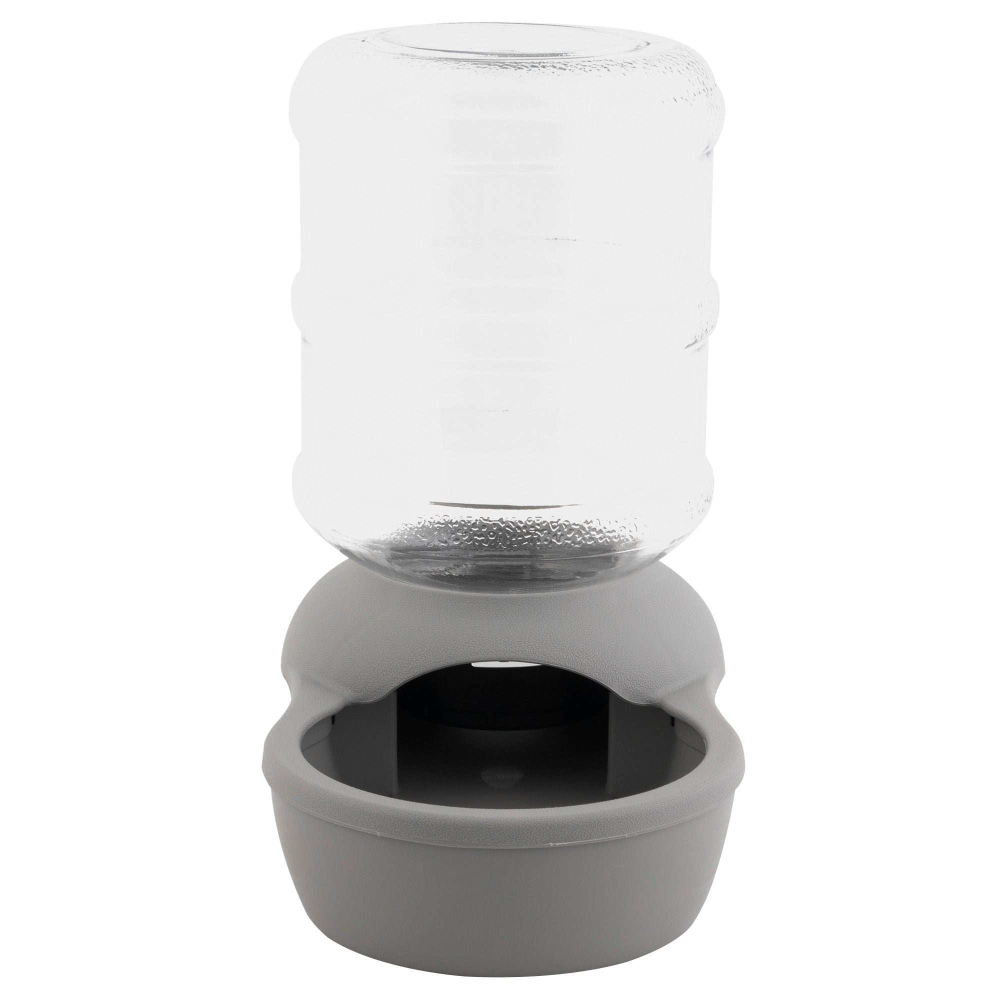 The Aspen Pet Lebistro Waterer by Aspen Pet is a gray, gravity-fed pet water dispenser made from BPA-free plastic. It features a transparent container and spill-resistant lip to ensure a steady flow of water and maintain consistent hydration levels for your pet.