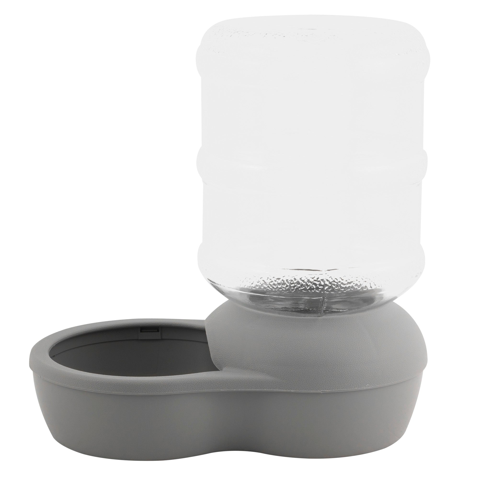 The Aspen Pet Lebistro Waterer, by Aspen Pet, boasts a large clear, slightly textured BPA-free plastic container. This gray dispenser has a spill-resistant lip for easy refilling when needed.
