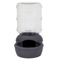 The Aspen Pet Lebistro Waterer by Aspen Pet, crafted from BPA-free plastic, has a clear ribbed bottle on a dark gray base with a bowl-shaped opening. Its designed with a spill-resistant lip for easy and mess-free hydration of your pets.