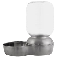 The Petmate Stainless Steel Replendish Waterer 1-Gal features a vet-recommended design with a sleek silver base and an upside-down clear bottle that ensures gravity-fed water release into the side bowl, keeping your pet stylishly hydrated.