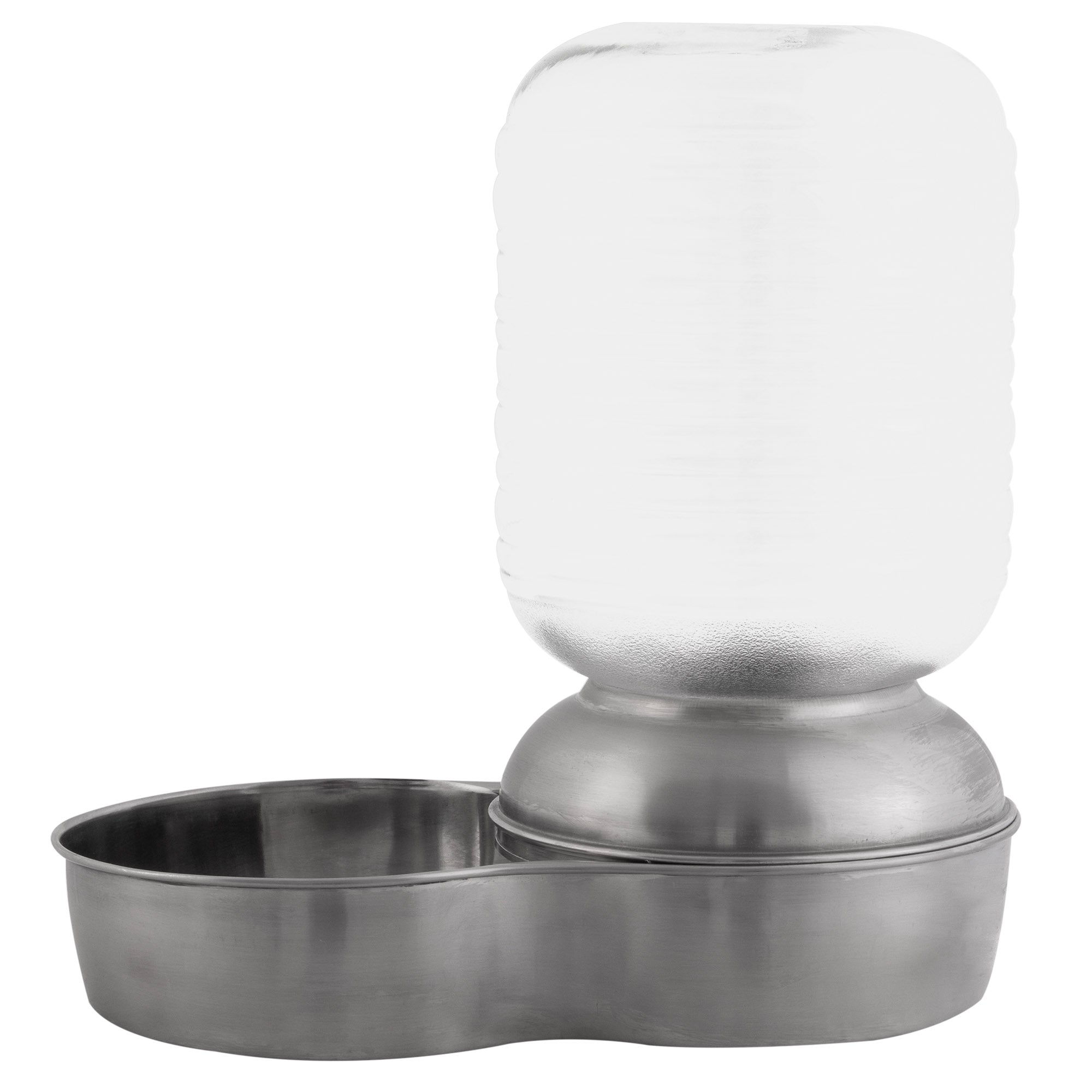 The Petmate Stainless Steel Replendish Waterer 1-Gal features a vet-recommended design with a sleek silver base and an upside-down clear bottle that ensures gravity-fed water release into the side bowl, keeping your pet stylishly hydrated.