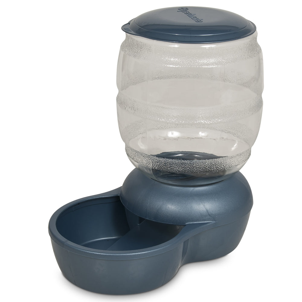 The Petmate Replendish Pet Feeder With Microban by Petmate is a blue and transparent plastic water dispenser with a wide top reservoir and a bowl at the base for drinking, designed with Microban Antimicrobial Protection for your pets health.