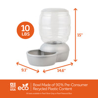 The Petmate Replendish Pet Feeder with Microban is a gravity-controlled feeder featuring a clear container, gray base, and 15-inch height. It holds up to 10 lbs of food and is made in the USA from 90% pre-consumer recycled plastic.