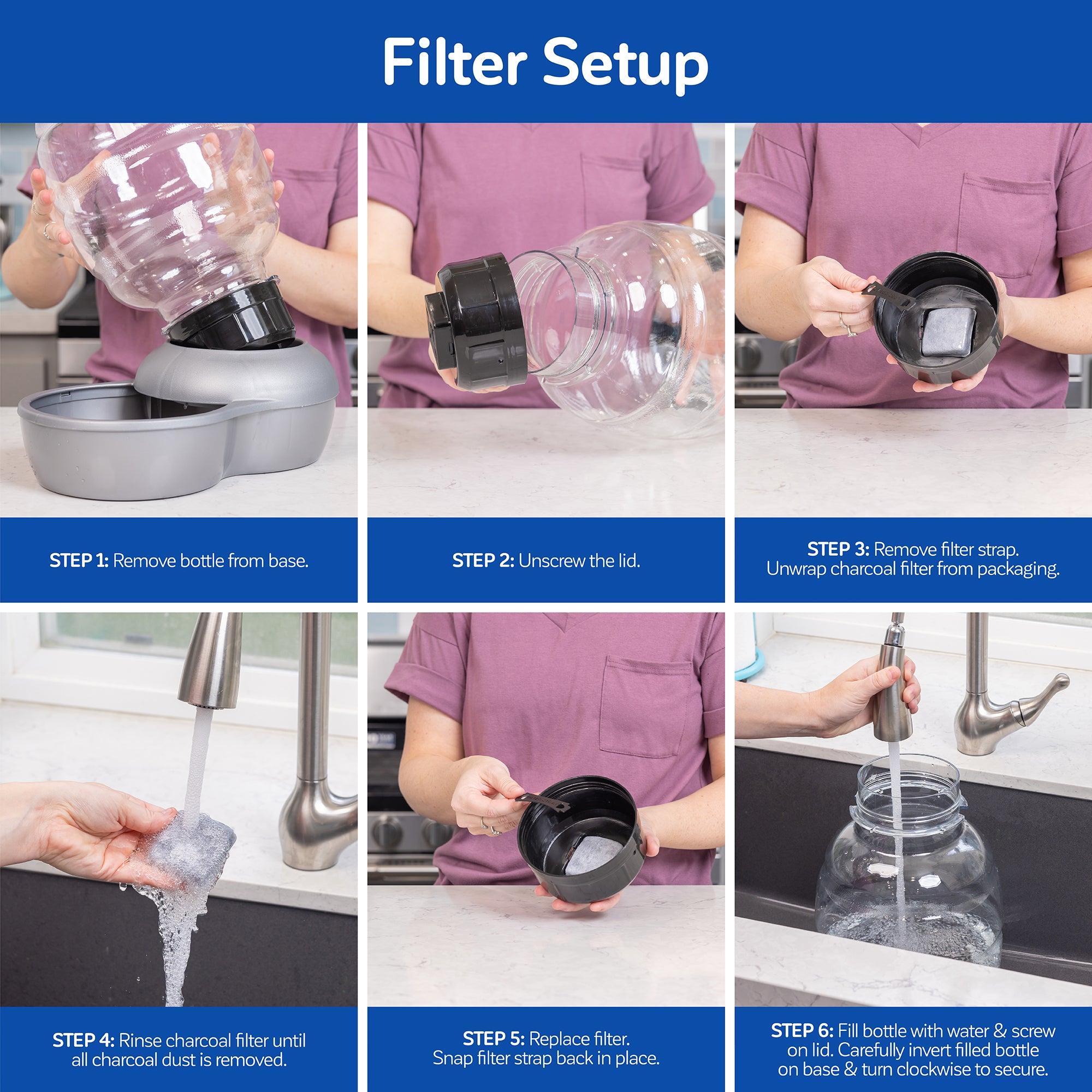 Step-by-step guide to setting up a Petmate Replendish Pet Waterer With Microban: remove bottle from base, unscrew lid, prepare charcoal filter with Microban Antimicrobial Protection, rinse it, replace it, fill the bottle, and secure the lid.
