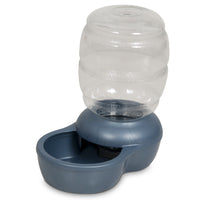 The Petmate Replendish Pet Waterer With Microban, by Petmate, is a blue and clear plastic waterer with a large textured container and easy-flow dish, ensuring fresh hydration for your pet.