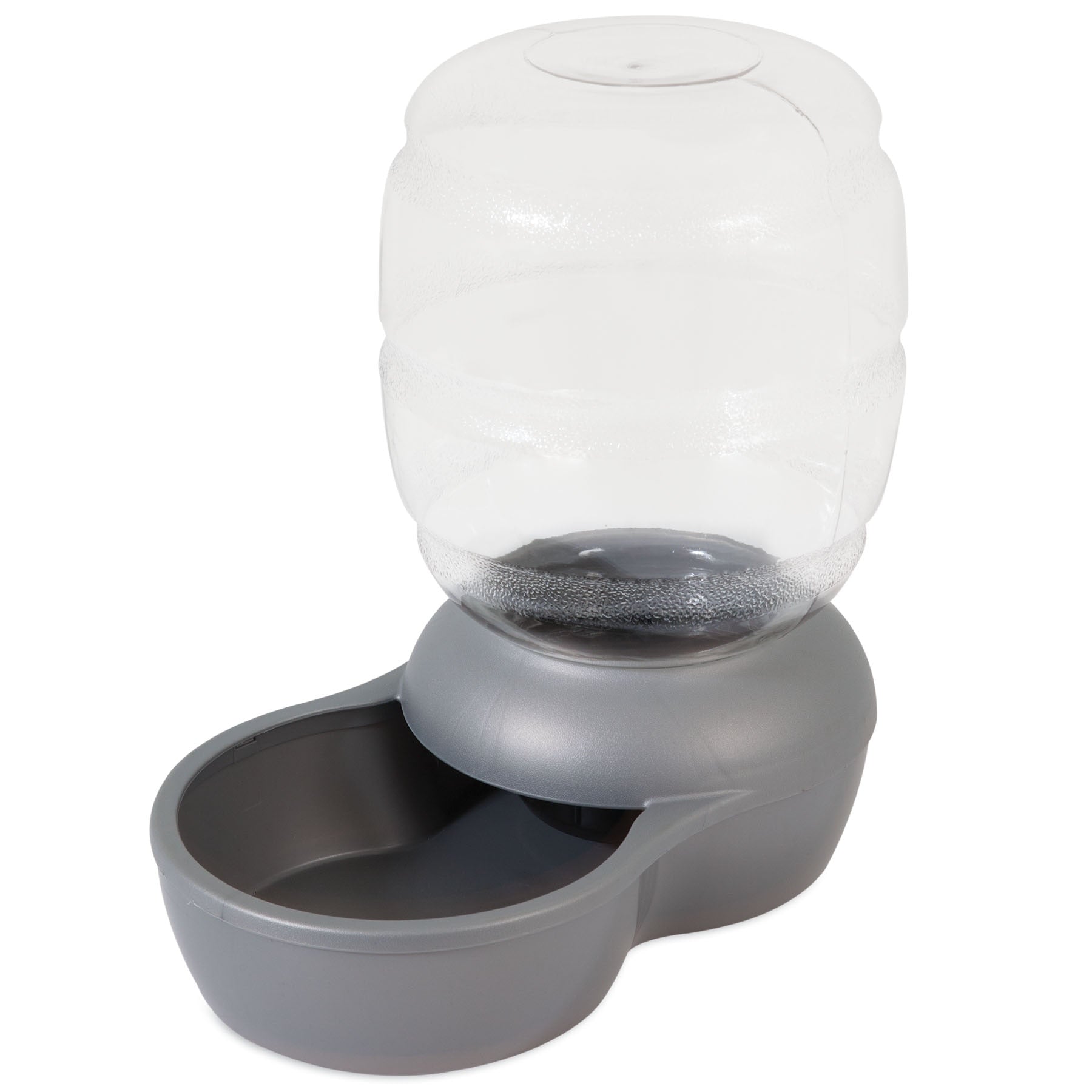 The Petmate Replendish Pet Waterer With Microban by Petmate is a gray plastic waterer featuring antimicrobial protection with a large transparent container that gradually fills the bowl. Its compact design is ideal for keeping pets hydrated.