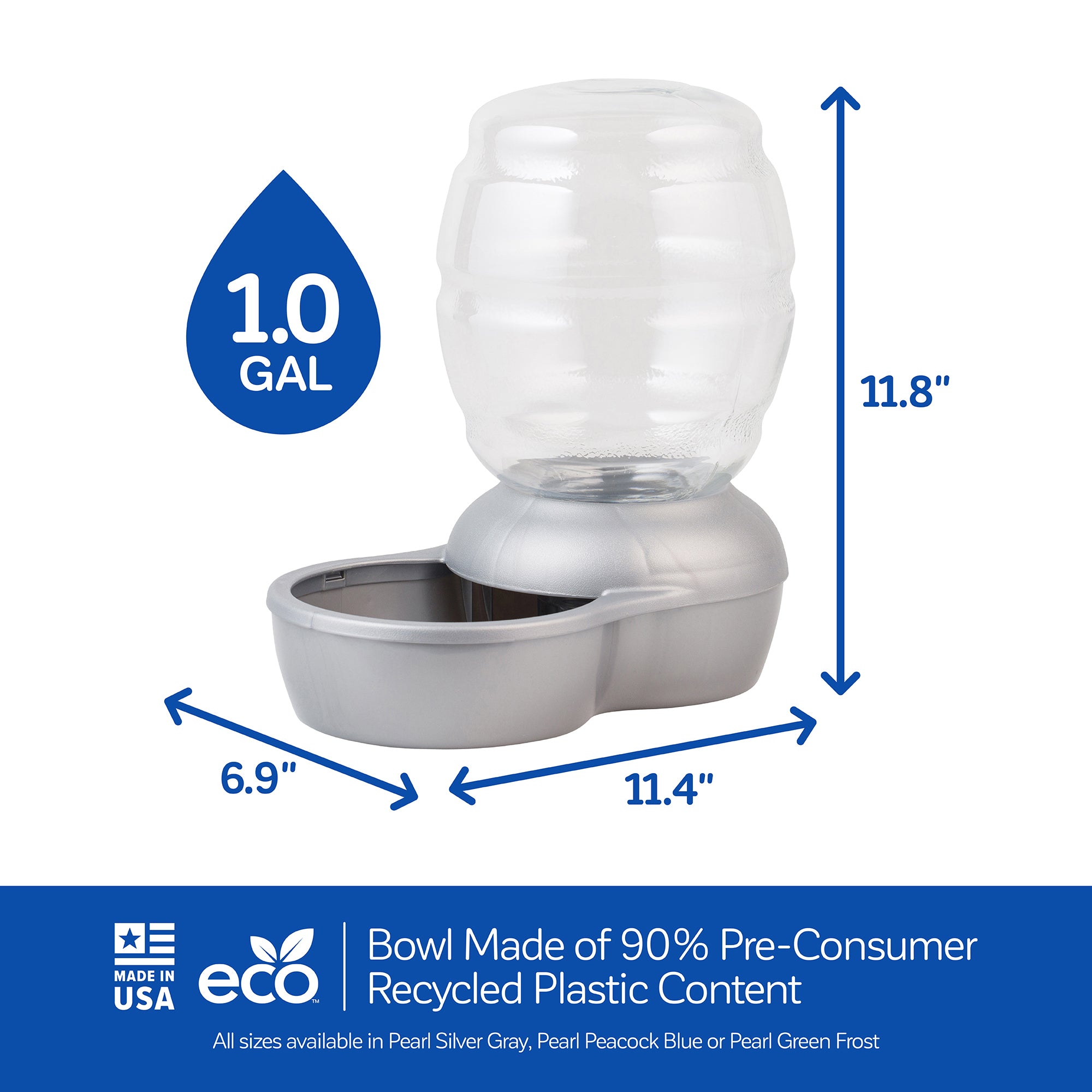 Introducing the Petmate Replendish Pet Waterer With Microban by Petmate, offering antimicrobial protection for cleaner hydration. This USA-made model includes a clear 1-gallon container on a stylish gray base, is crafted from 90% pre-consumer recycled plastic, and comes in various colors to match your style.