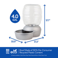 The Petmate Replendish Pet Waterer with Microban, made in the USA, features a clear tank on a gray base, measuring 10.9 x 17.2 x 17.7. It holds 4 gallons and is crafted from 90% recycled plastic with antimicrobial protection. It includes eco-friendly icons and is available in various colors.