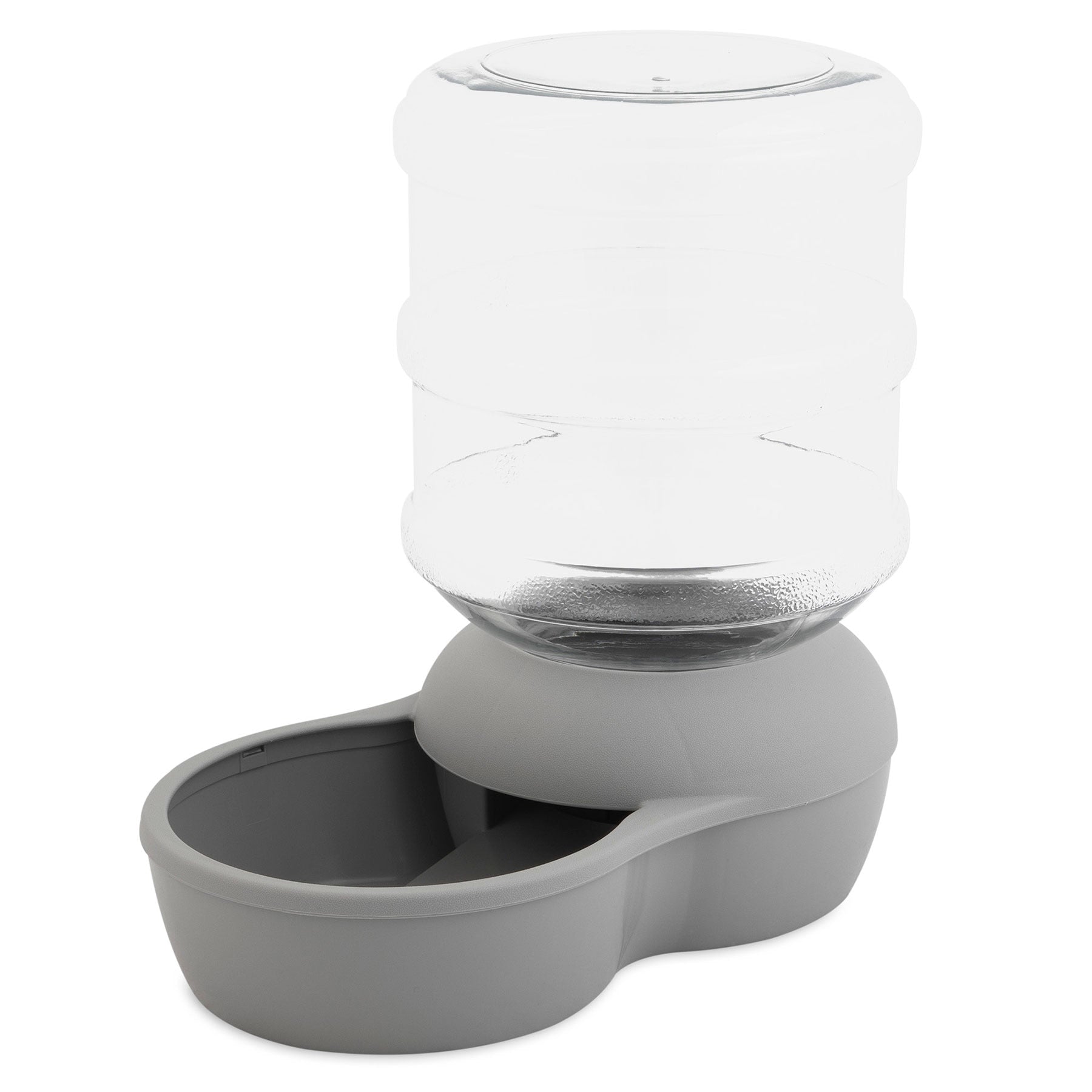 The Aspen Pet Lebistro Waterer by Aspen Pet is a transparent, BPA-free plastic dispenser with a large jug and gray base, featuring a spill-resistant lip and bowl for easy pet access.