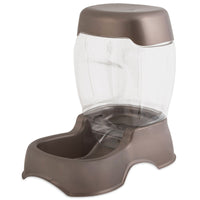 The Petmate Pet Cafe Feeder by Petmate is a brown and transparent gravity feeder with a large clear hopper that automatically refills the bowl, keeping your pets meal ready as they eat.