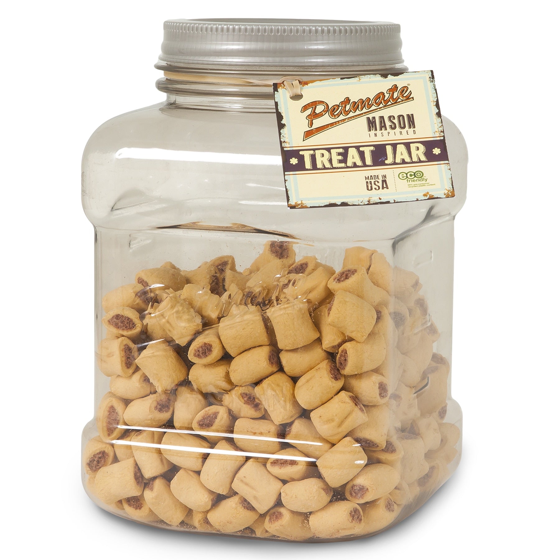 The Petmate Mason Style Pet Treat Jar, a large transparent 150 oz jar, displays small brown dog treats. It has a USA label and features a square design with a silver screw-top lid and wide-mouth for easy access.