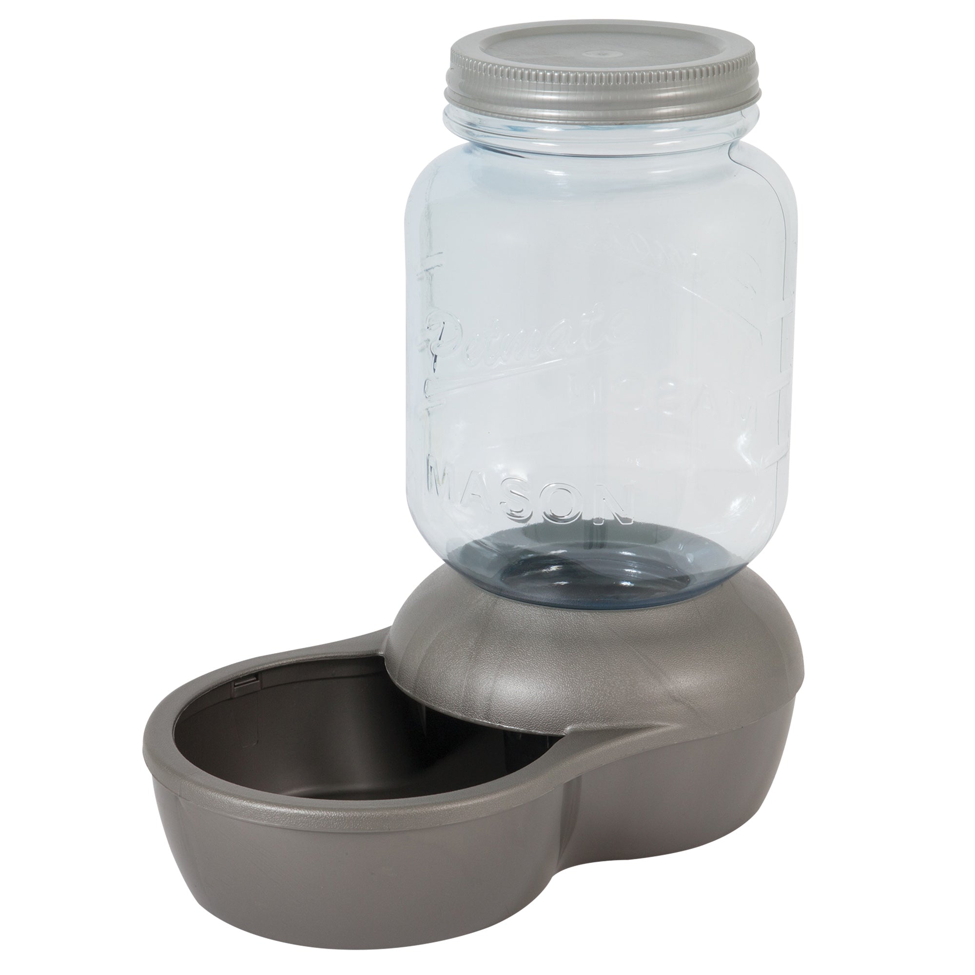 The Petmate 1-Gallon Mason Jar Gravity Pet Waterer features a clear mason jar-style container with a silver lid atop a gray BPA-free plastic base and includes a water bowl.