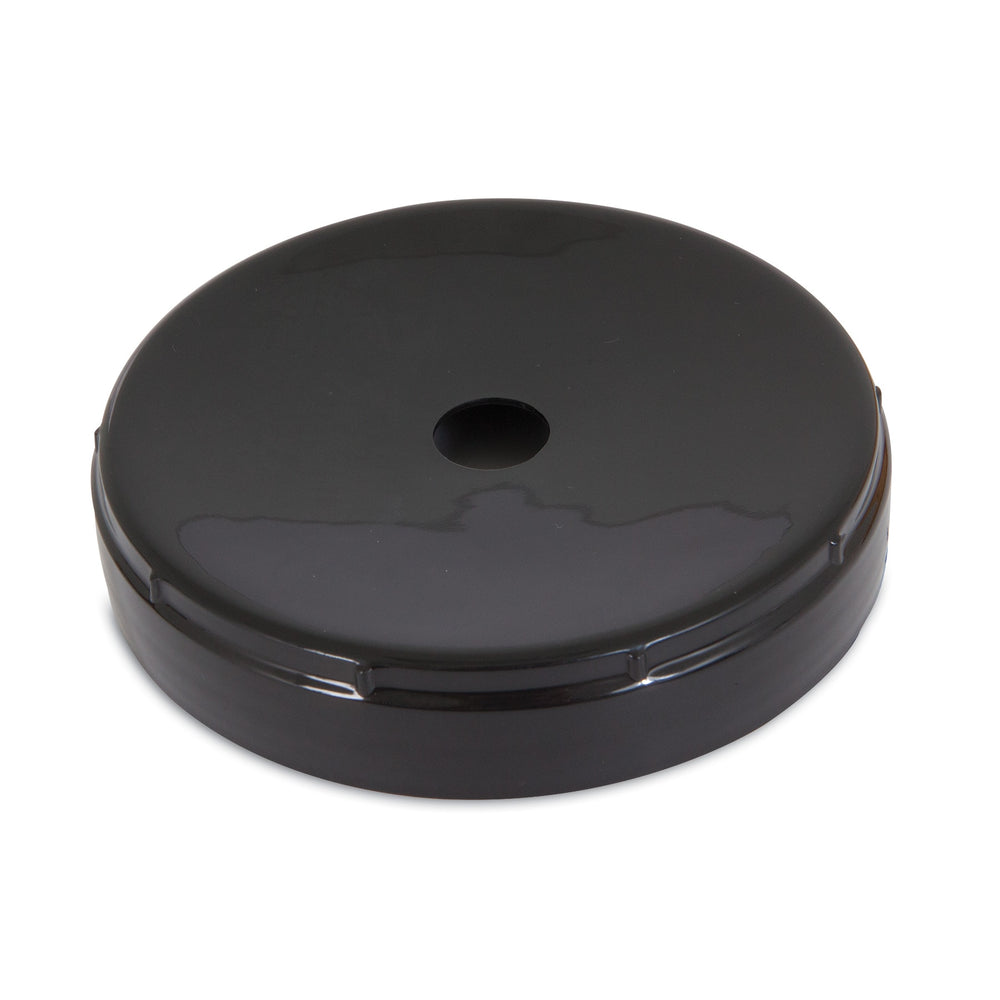 A Large Lebistro Gravity Waterer Replacement Cap by Aspen Pet, this round, black disc features a glossy finish and center hole with slightly raised edges, resembling Aspen Pets sleek design.