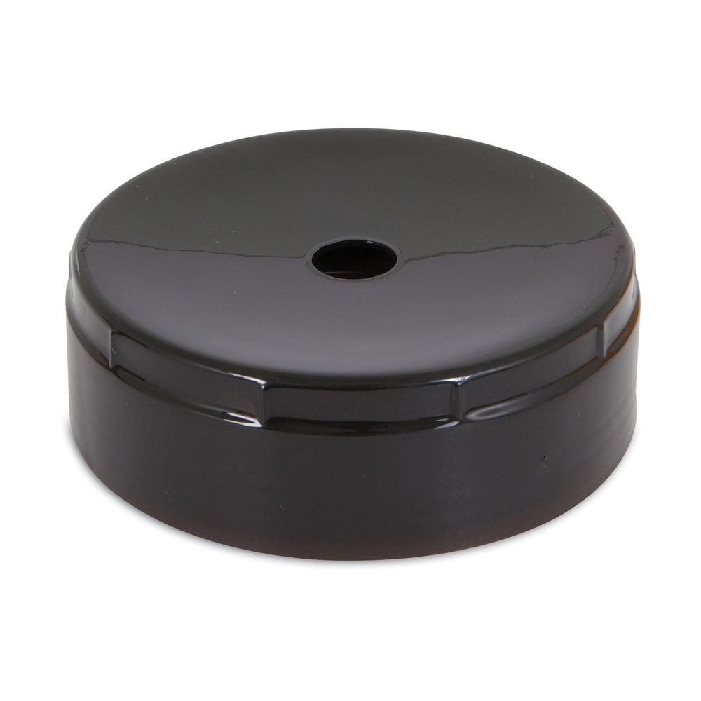 The Medium Lebistro Gravity Waterer Replacement Cap by Petmate features a sleek, black circular plastic design with a central hole and glossy finish, perfectly matching the Aspen Pet LeBistro for enhanced functionality.