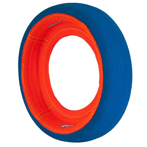 Meet the Chuckit! Fetch Wheel Dog Toy by Chuckit, a plush and durable dog toy featuring a vibrant orange inner ring and blue outer ring, ideal for fetching or chewing activities.