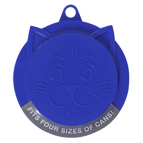 The Petmate Kitty Kaps Pet Food Can Topper is a round, blue silicone cat face cover with embossed features and a loop on top. Its gray band states Fits Four Sizes of Cans! This adorable solution keeps pet food fresh conveniently.