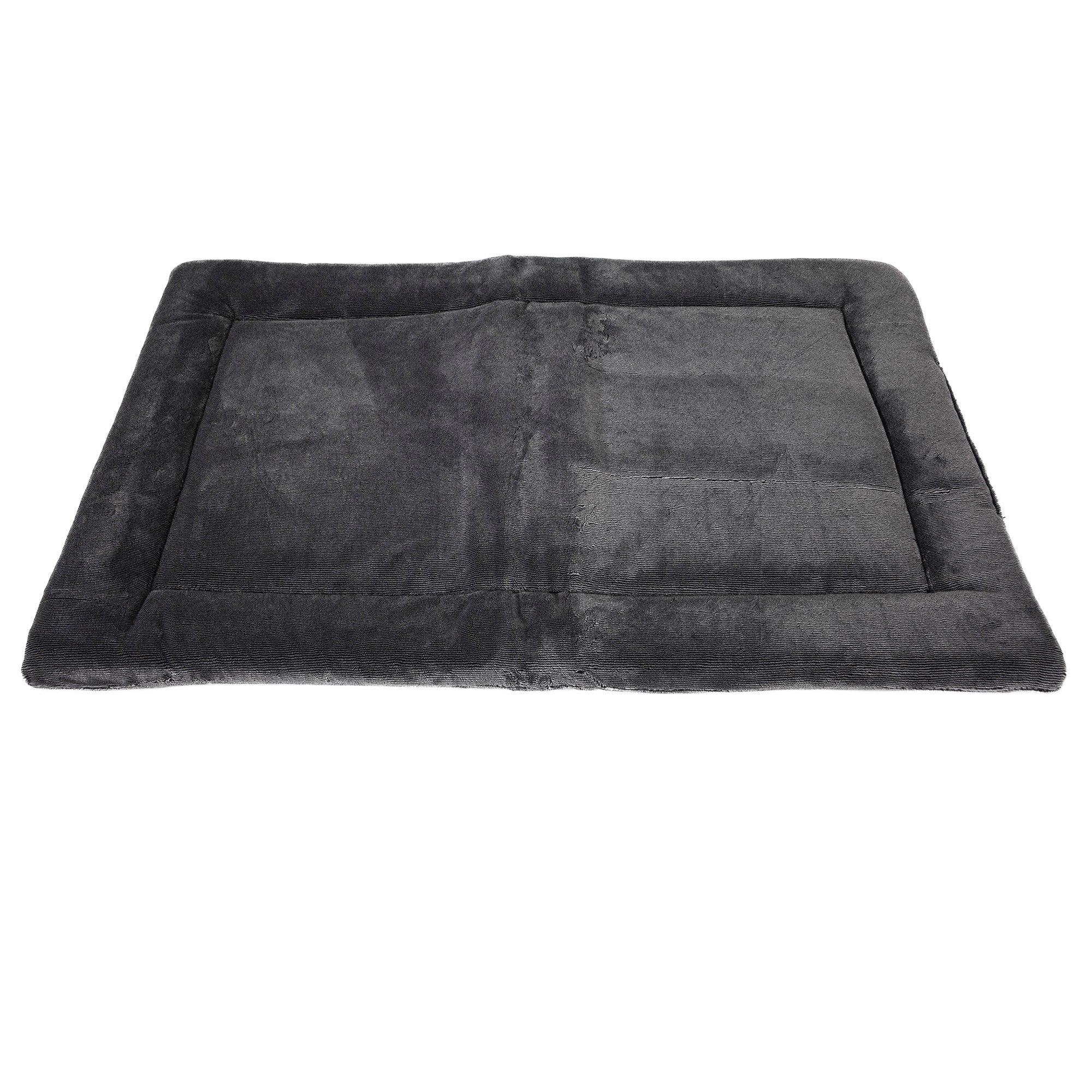 The Petmate Kennel Mat by Petmate is a soft, dark gray rectangular bed with a plush mattress and slightly raised border. Its smooth texture offers a cozy space for pets, while the non-skid bottom ensures stability against a white background.