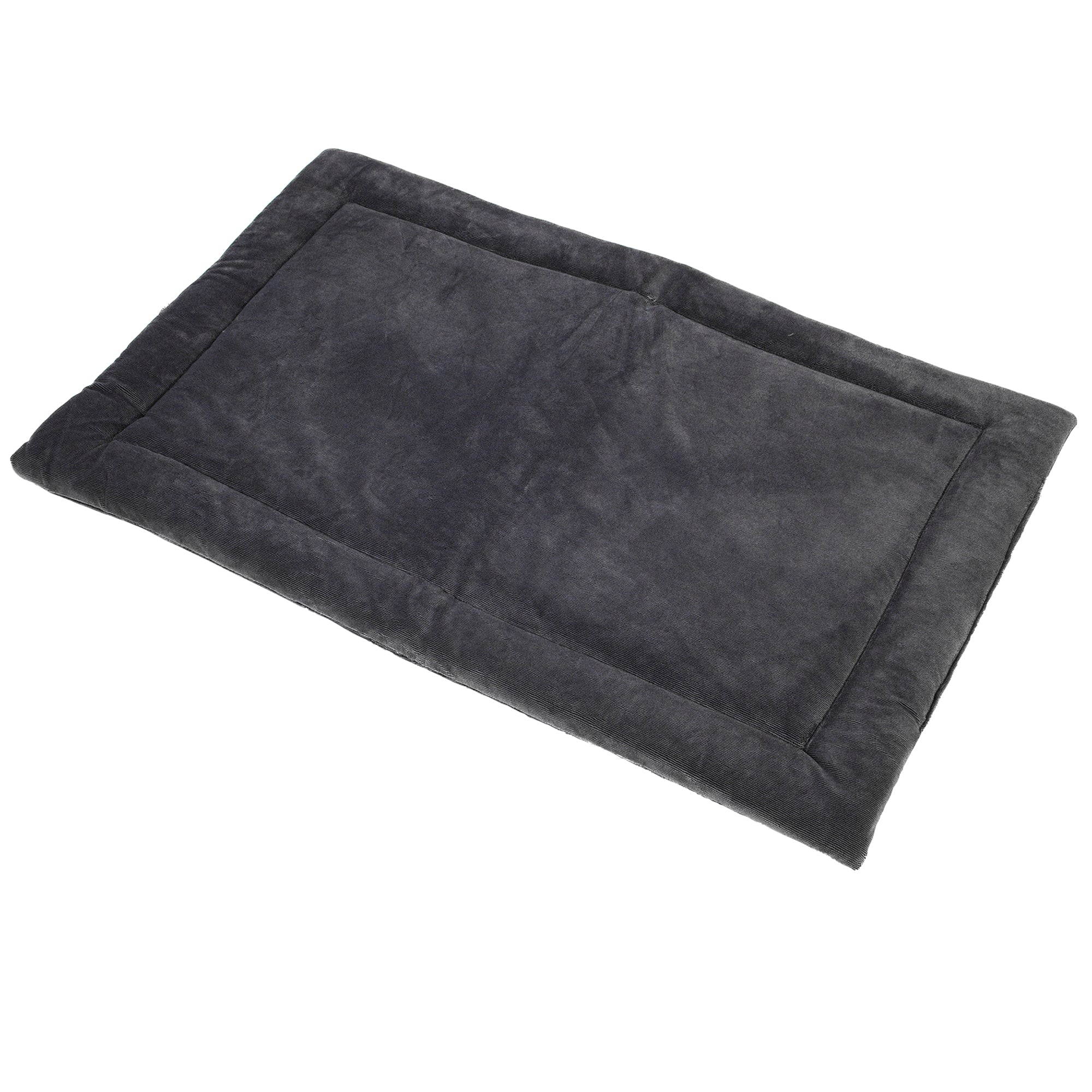 The Petmate Kennel Mat is a soft, rectangular, dark gray pet bed with a plush mattress and slightly raised edges. Its non-skid bottom ensures comfort and security for your furry friend. It sits elegantly on a white background.