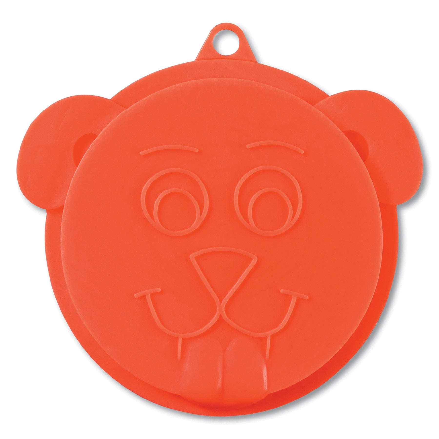 The Petmate Pup Top Food Can Topper by Petmate is an orange silicone lid designed like a cartoon animal face with big eyes, a smiling mouth, and floppy ears. Ideal for pet food cans, it includes a convenient loop for hanging.