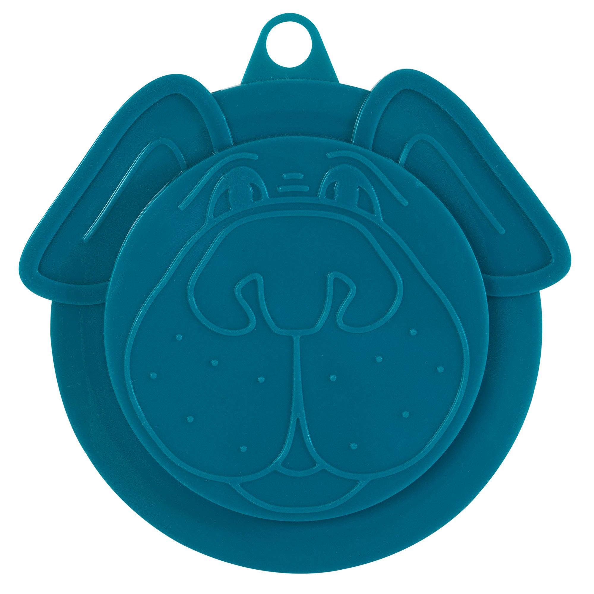The Petmate Pup Top Food Can Topper, designed like a dogs face with floppy ears and a hanging loop, is perfect for sealing pet food cans.