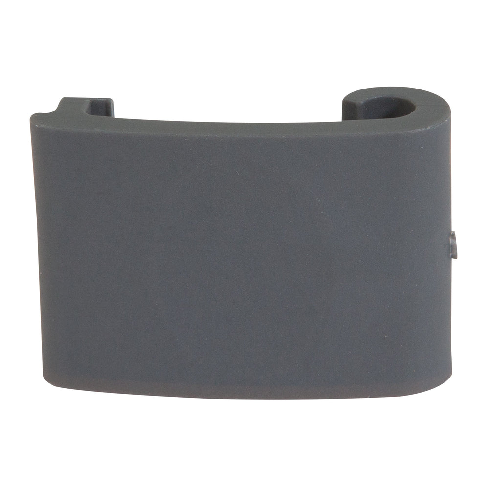 The Short Replacement Latch for Plastic Kennels by Petmate is a dark gray, rectangular plastic clip with a curved hook and small notch, compatible with RuffMaxx kennels, ideal as a replacement latch.