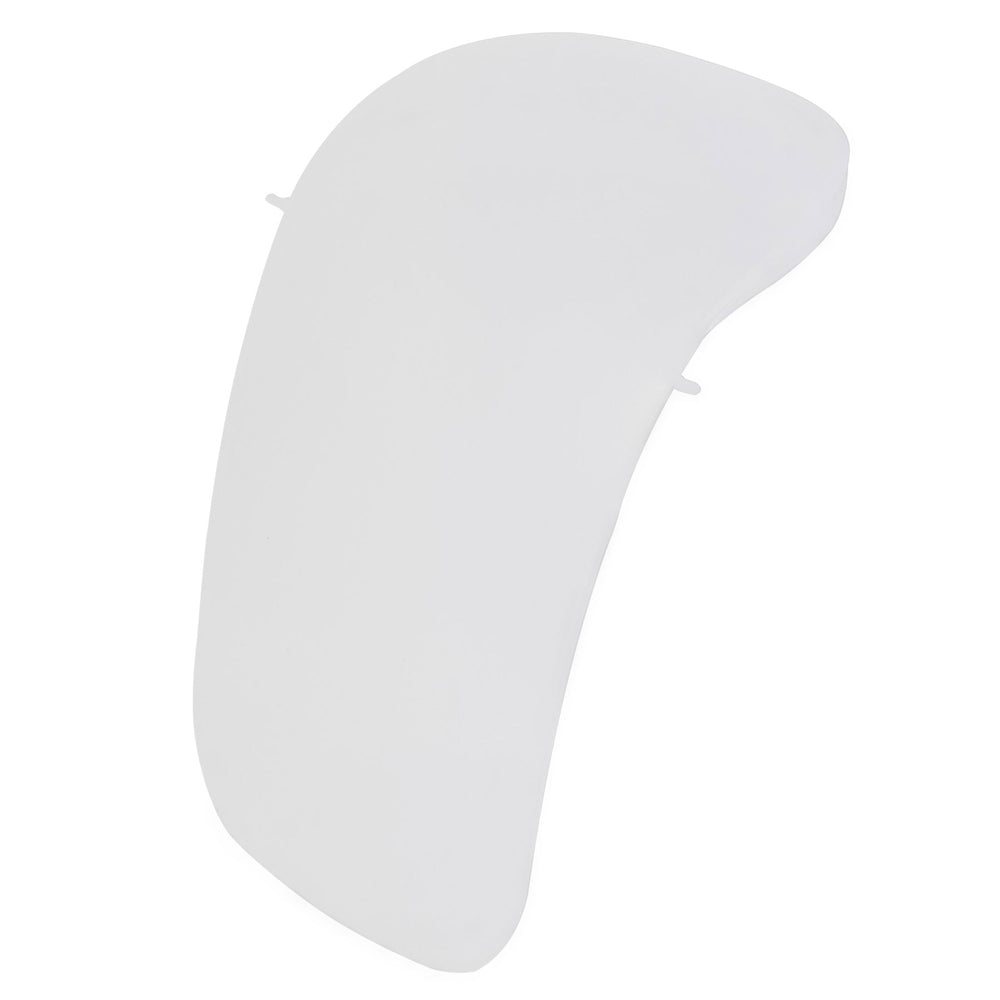 On a plain white background, a kidney-shaped white plastic object with smooth, rounded edges appears. Two small protrusions suggest its the Petmate Jumbo Hooded Litter Pan Replacement Door.