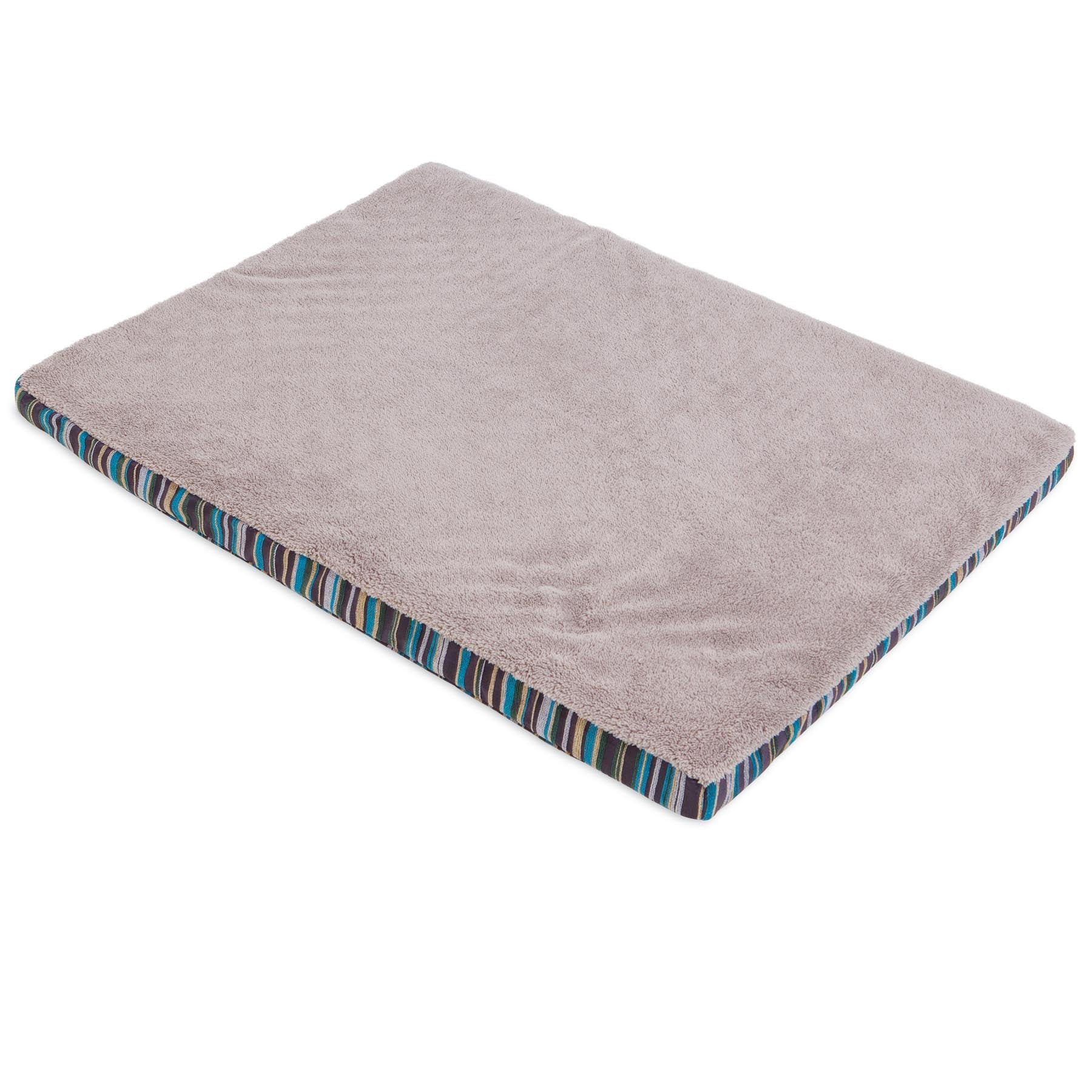 The Aspen Pet Antimicrobial Orthopedic Bed from Aspen Pet features a plush beige top and a striped multicolored edge. The vibrant stripes contrast with the soft neutral surface, and its antimicrobial technology ensures it stays fresh and clean.