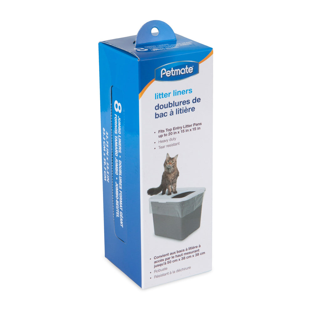 A blue and white Petmate Top Entry Litter Box Liners package features a cat on a litter box, highlighting heavy-duty tear-resistant liners for easy cleanup and compatibility with the Top Entry design.