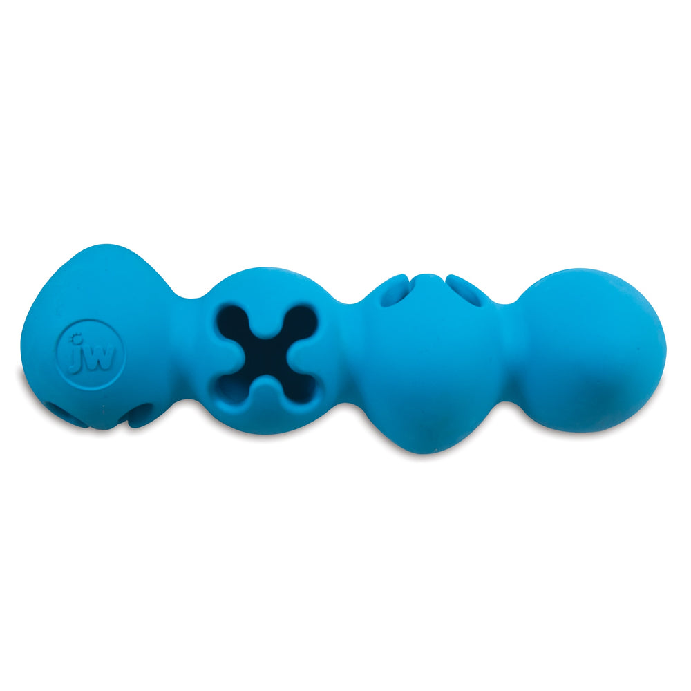 Introducing the JW Playbites Caterpillar Dog Toy, a durable blue, bone-shaped toy with three rounded sections. A black cross-shaped opening in the middle allows for treat fun, while jw is engraved on the left. Crafted from resilient rubber-like material for endless enjoyment.