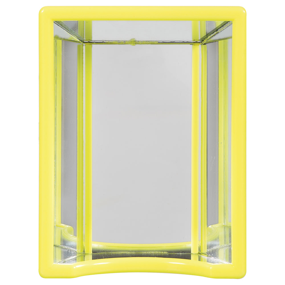 The JW Hall Of Mirrors Bird Toy by Jw features a bright yellow frame and a curved bottom edge reminiscent of a funhouse mirror. Its smooth surface reflects light, adding depth and whimsical charm to any space.