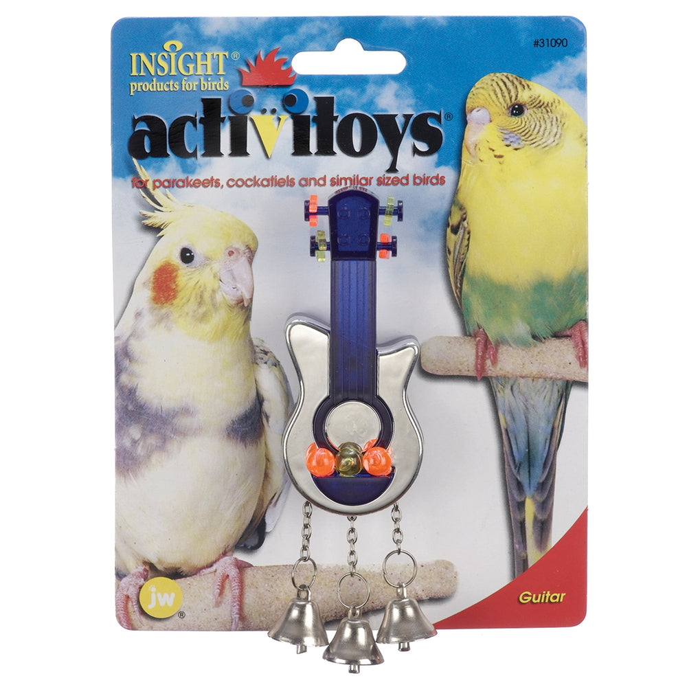 The JW Birdie Guitar Bird Toy from Jw is ideal for combating cage boredom and promoting exercise in parakeets and similar-sized birds. The packaging features images of two birds on branches, making it a must-have for lively avian companions.
