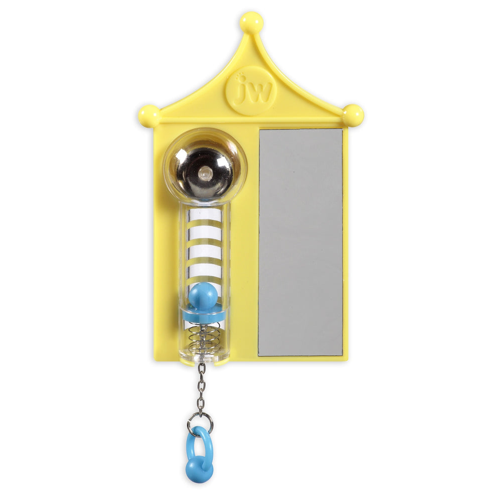 The JW Strong Bird Toy from Jw is perfect for your pet birds exercise, featuring a small mirror, a cylindrical rattle with a blue and white stripe design, a blue chain link at the bottom, and the jw logo on the pointed top. Available in vibrant yellow.