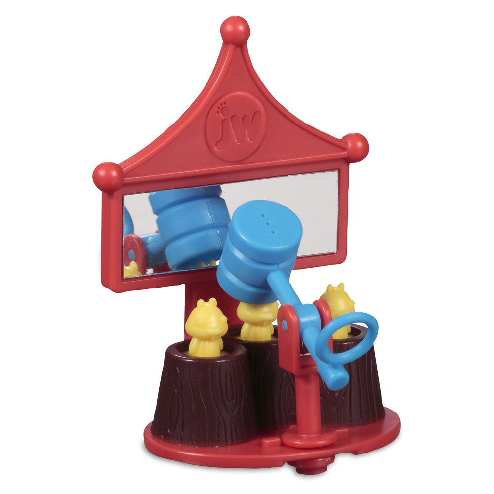 The JW Peck-A-Mole Bird Toy by Jw is a vibrant and compact toy inspired by fairground Whac-A-Mole games. It enhances problem-solving skills and features playful yellow moles, a red wood-look base, a blue hammer, and an arcade-style marquee with a mirror and jw logo.