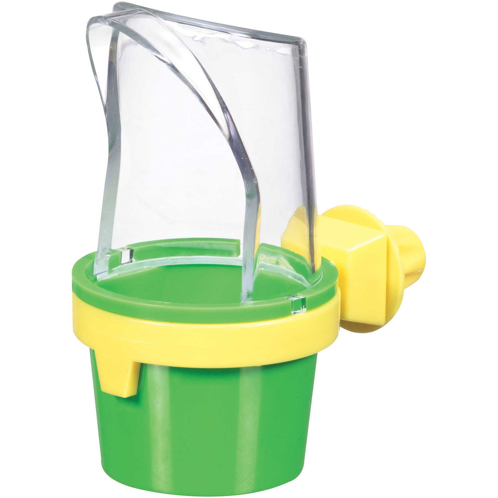 The JW Clean Cup Bird Feed & Water Cup by Jw is a green plastic feeder featuring a yellow adjustable valve and transparent lid, ideal for pet birds. Its easy to clean and allows effortless content monitoring and adjustment.
