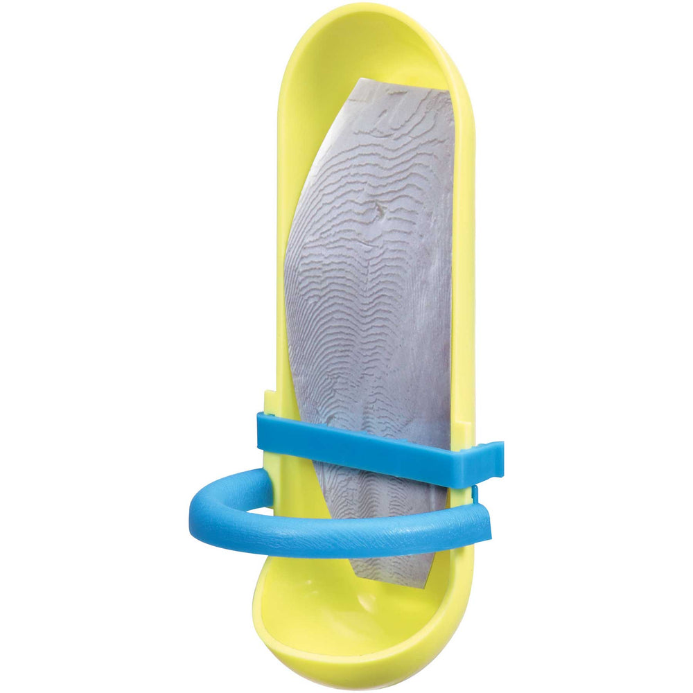 The JW Cuttlebone Holder by Jw, a yellow soap dish with a suction cup, doubles as a holder featuring a blue band securing a gray soap bar. This versatile birdcage accessory is curved and mounted vertically against a white background.