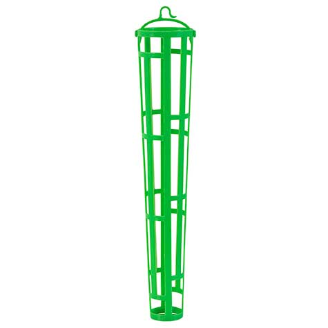 The JW Millet Spray Holder by Jw is a green, elongated, cylindrical plastic cage with an open grid design and a hook on top, ideal for fulfilling your pet birds foraging instincts.